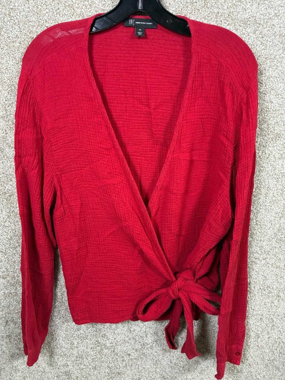 I.N.C Wrap Blouse Red Cotton Tie-Waist XL Holiday